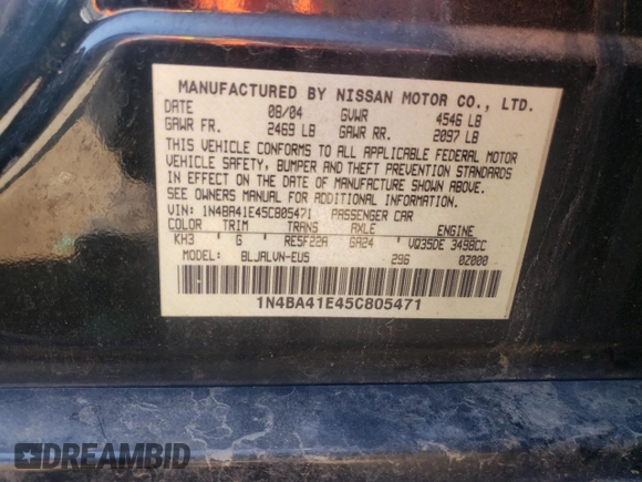 2005 Nissan Maxima SE z VIN 1N4BA41E45C805471, wystawiony jako Copart lot #58156355 z przebiegiem 184 521 mil mil oraz Szkoda całkowita • Salvage title. Historia ofert i sprzedaży dostępna na DreamBid. Obrazek 12.