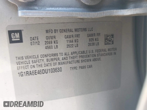 2013 Chevrolet Volt with VIN 1G1RA6E46DU103630, listed as a IAAI auction lot 41774353 with 127,097 mi miles and . Bid and sale history available at carsss.com. Image 9.