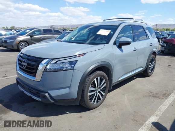 2023 Nissan Pathfinder Platinum with VIN 5N1DR3DH9PC248888, listed as a IAAI auction lot 41974684 with 52,609 mi miles and . Bid and sale history available at DreamBid. Image 2.