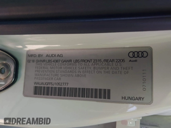 2018 Audi A3 Sedan Premium with VIN WAUAUGFF5J1052777, listed as a IAAI auction lot 41913349 with 82,977 mi miles. Bid and sale history available at carsss.com. Image 9.