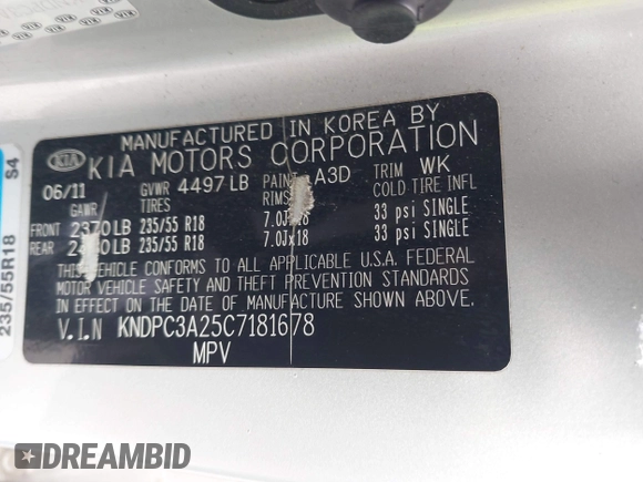 2012 Kia Sportage EX with VIN KNDPC3A25C7181678, listed as a IAAI auction lot 42082014 with Not provided miles and . Bid and sale history available at DreamBid. Image 9.