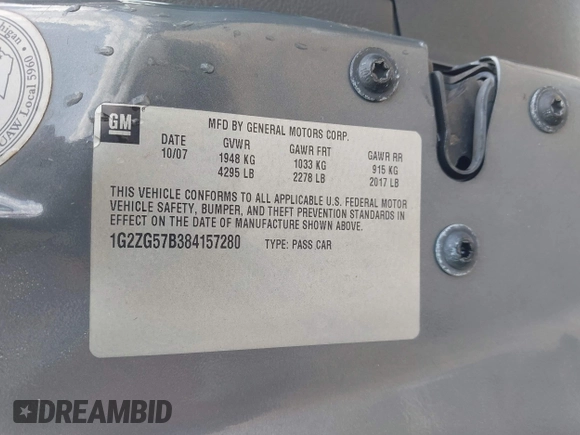 2008 Pontiac G6 с VIN 1G2ZG57B384157280, выставлен на аукционе IAAI как лот 42352558 с пробегом 189 011 миль миль и . История ставок и продаж доступна на DreamBid. Изображение 9.