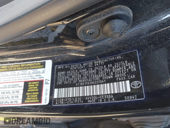 2017 Toyota Camry Hybrid LE with VIN 4T1BD1FK2HU227041, listed as a IAAI auction lot 41421217 with 156,474 mi miles. Bid and sale history available at carsss.com. Image 9.