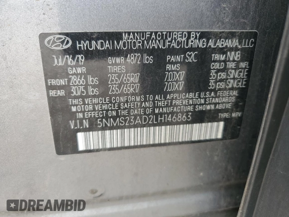 2020 Hyundai Santa Fe SE with VIN 5NMS23AD2LH146863, listed as a Copart auction lot 62695745 with 75,173 mi miles and Salvage title. Bid and sale history available at DreamBid. Image 12.