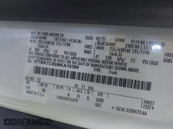 2021 Ford Transit Cargo with VIN 1FTBR1C86MKA10399, listed as a IAAI auction lot 42074285 with 55,572 mi miles and . Bid and sale history available at DreamBid. Image 9.