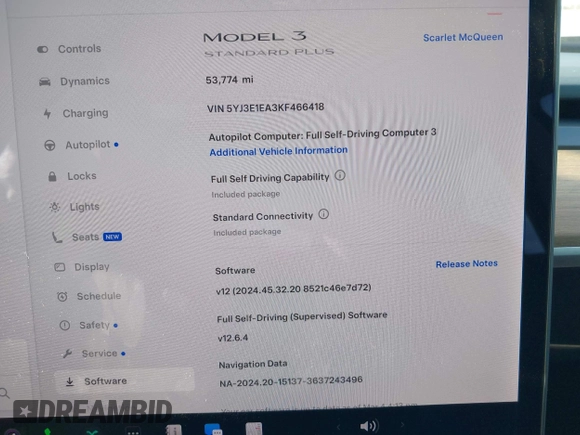 2019 Tesla Model 3 Mid Range with VIN 5YJ3E1EA3KF466418, listed as a IAAI auction lot 41724564 with 53,774 mi miles and . Bid and sale history available at DreamBid. Image 7.