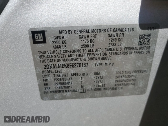 2015 GMC Terrain SLE with VIN 2GKALMEK8F6276167, listed as a Copart auction lot 61012415 with 123,858 mi miles and Salvage title. Bid and sale history available at DreamBid. Image 13.