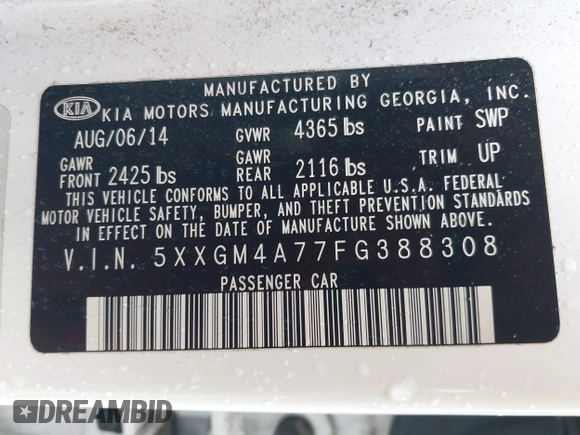 2015 Kia Optima LX with VIN 5XXGM4A77FG388308, listed as a IAAI auction lot 42075894 with 88,744 mi miles. Bid and sale history available at carsss.com. Image 9.