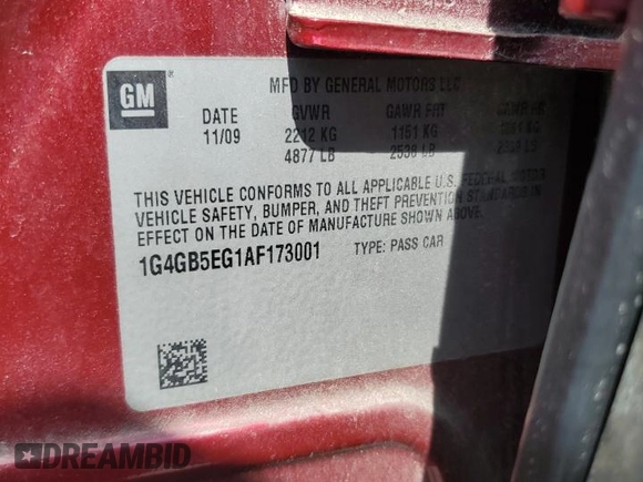 2010 Buick LaCrosse CX with VIN 1G4GB5EG1AF173001, listed as a Copart auction lot 51663865 with 92,245 mi miles and Salvage title. Bid and sale history available at DreamBid. Image 12.