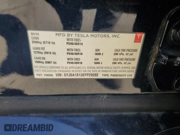 2014 Tesla Model S 60 с VIN 5YJSA1S13EFP29202, выставлен на аукционе Copart как лот 59046255 с пробегом Не указан миль и Списание • Salvage title. История ставок и продаж доступна на DreamBid. Изображение 12.