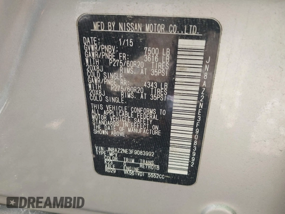 2015 Infiniti QX80 with VIN JN8AZ2NE3F9083992, listed as a IAAI auction lot 42633849 with 157,171 mi miles and . Bid and sale history available at DreamBid. Image 9.