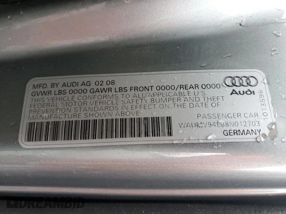 2008 Audi A8 L 4.2L with VIN WAUMV94E38N012703, listed as a Copart auction lot 86854604 with 132,363 mi miles and Salvage Title. Bid and sale history available at carsss.com. Image 12.