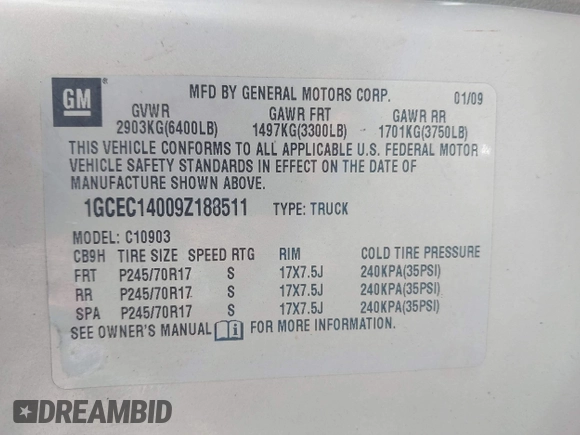2009 Chevrolet Silverado 1500 LT w/1LT with VIN 1GCEC14009Z188511, listed as a IAAI auction lot 41949101 with 489,749 mi miles. Bid and sale history available at carsss.com. Image 9.