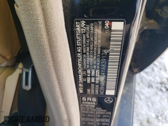 2000 Mercedes-Benz C 230 Kompressor with VIN WDBHA24G4YA839138, listed as a Copart auction lot 54525245 with 227,775 mi miles and Salvage title. Bid and sale history available at DreamBid. Image 12.