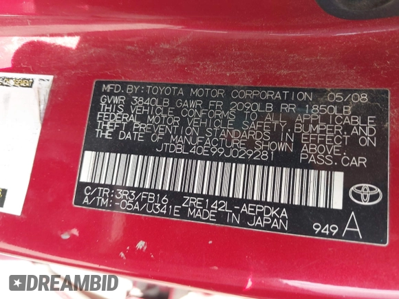 2009 Toyota Corolla with VIN JTDBL40E99J029281, listed as a IAAI auction lot 42460666 with 215,845 mi miles and . Bid and sale history available at DreamBid. Image 9.