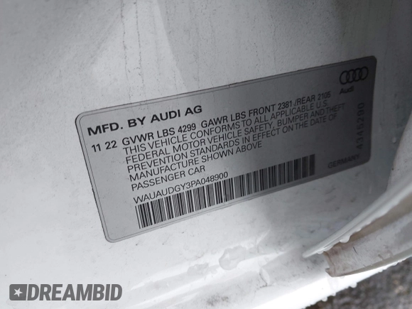 2023 Audi A3 Premium with VIN WAUAUDGY3PA048900, listed as a IAAI auction lot 41783283 with 14,585 mi miles. Bid and sale history available at carsss.com. Image 9.