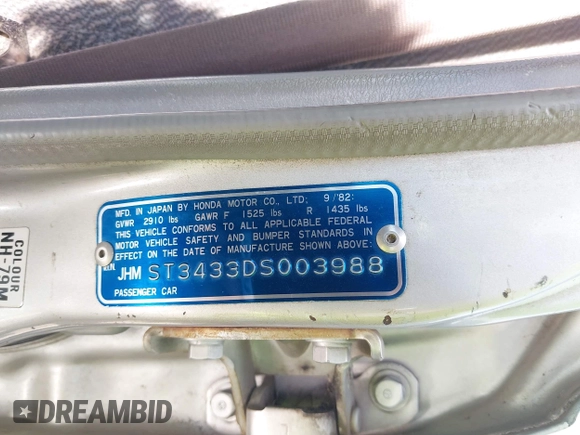 1983 Honda Civic z VIN JHMST3433DS003988, wystawiony jako IAAI lot #42069678 z przebiegiem 155 104 mil mil oraz . Historia ofert i sprzedaży dostępna na DreamBid. Obrazek 9.