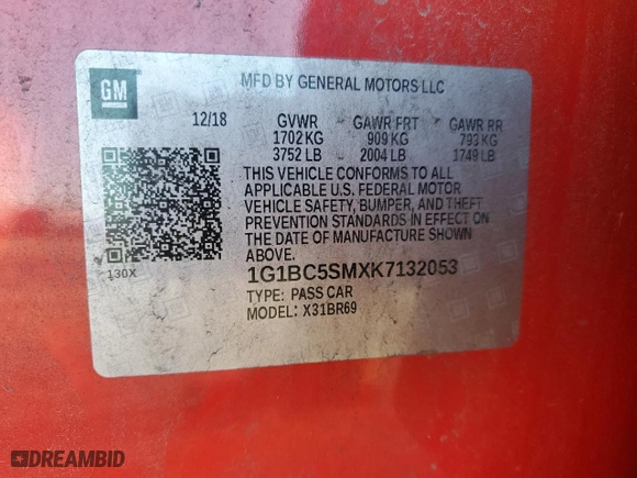 2019 Chevrolet Cruze LS with VIN 1G1BC5SMXK7132053, listed as a Copart auction lot 46297215 with 33,858 mi miles and Salvage Title. Bid and sale history available at carsss.com. Image 14.
