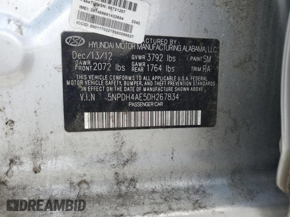 2013 Hyundai Elantra Limited с VIN 5NPDH4AE5DH267834, выставлен на аукционе Copart как лот 54579715 с пробегом 127 745 миль миль и Списание • Salvage title. История ставок и продаж доступна на DreamBid. Изображение 12.