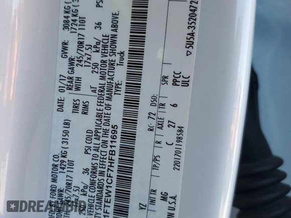 2017 Ford F-150 XL with VIN 1FTEW1CF7HFB11695, listed as a Copart auction lot 45358725 with 113,205 mi miles and Salvage Title. Bid and sale history available at carsss.com. Image 12.