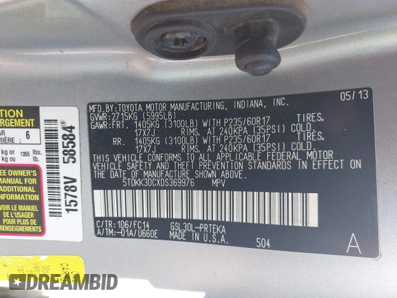 2013 Toyota Sienna LE AAS with VIN 5TDKK3DCXDS369976, listed as a IAAI auction lot 42161009 with 183,408 mi miles. Bid and sale history available at carsss.com. Image 9.