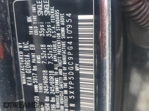 2023 Kia Telluride SX Prestige с VIN 5XYP5DGC9PG410954, выставлен на аукционе Copart как лот 63052425 с пробегом Не указан миль и Списание • Salvage title. История ставок и продаж доступна на DreamBid. Изображение 13.