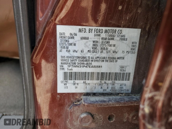 2007 Ford F-350 XL with VIN 1FTWW31P47EA50581, listed as a Copart auction lot 65382505 with 280,774 mi miles and Clean title. Bid and sale history available at DreamBid. Image 12.