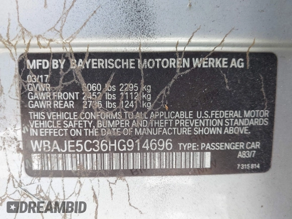 2017 BMW 5 Series 540i with VIN WBAJE5C36HG914696, listed as a IAAI auction lot 41639899 with Not Provided miles and . Bid and sale history available at carsss.com. Image 9.