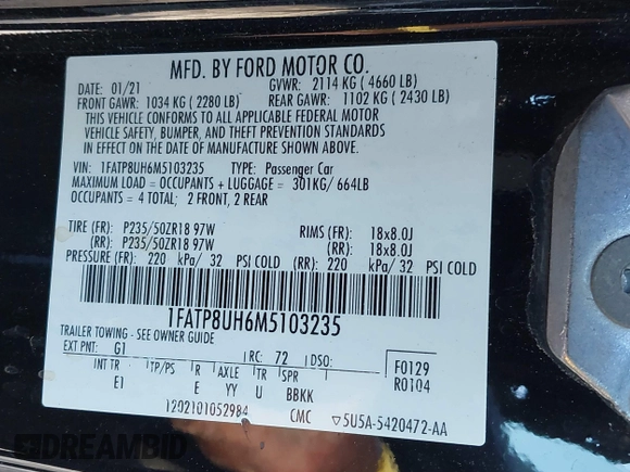 2021 Ford Mustang EcoBoost with VIN 1FATP8UH6M5103235, listed as a IAAI auction lot 40711543 with 52,470 mi miles. Bid and sale history available at carsss.com. Image 9.