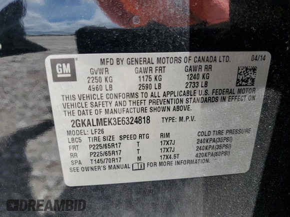 2014 GMC Terrain SLE with VIN 2GKALMEK3E6324818, listed as a Copart auction lot 62259015 with 148,415 mi miles and Clean title. Bid and sale history available at DreamBid. Image 13.