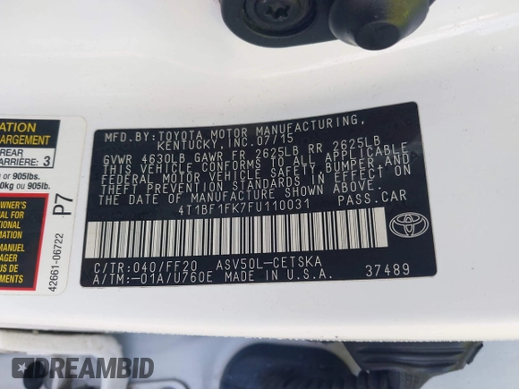 2015 Toyota Camry XLE z VIN 4T1BF1FK7FU110031, wystawiony jako IAAI lot #41906811 z przebiegiem Nie podano mil oraz . Historia ofert i sprzedaży dostępna na DreamBid. Obrazek 9.