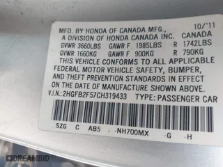 2012 Honda Civic Sdn LX with VIN 2HGFB2F57CH319433, listed as a IAAI auction lot 41536201 with 135,514 mi miles. Bid and sale history available at carsss.com. Image 9.