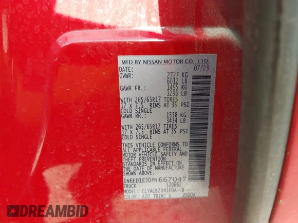 2023 Nissan Frontier Pro-X z VIN 1N6ED1EJ0PN667047, wystawiony jako IAAI lot #42639635 z przebiegiem 58 508 mil mil oraz . Historia ofert i sprzedaży dostępna na DreamBid. Obrazek 9.