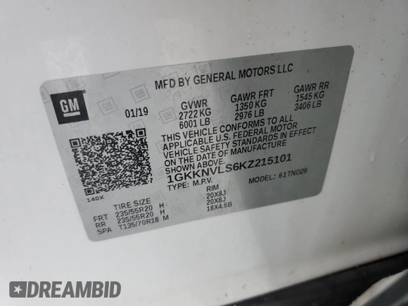 2019 GMC Acadia SLT with VIN 1GKKNVLS6KZ215101, listed as a Copart auction lot 45848645 with 62,206 mi miles and Salvage Title. Bid and sale history available at DreamBid. Image 16.