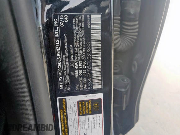 2015 Mercedes-Benz C 300 with VIN 55SWF4JB5FU089833, listed as a Copart auction lot 56554125 with 268,624 mi miles and Clean Title. Bid and sale history available at DreamBid. Image 12.