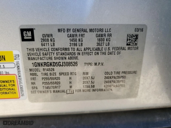 2016 Chevrolet Traverse LT with VIN 1GNKRGKD5GJ308526, listed as a Copart auction lot 46080515 with 112,239 mi miles and Salvage Title. Bid and sale history available at carsss.com. Image 14.