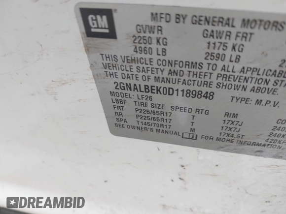 2013 Chevrolet Equinox LS with VIN 2GNALBEK0D1189848, listed as a IAAI auction lot 42115896 with 215,029 mi miles and . Bid and sale history available at DreamBid. Image 9.