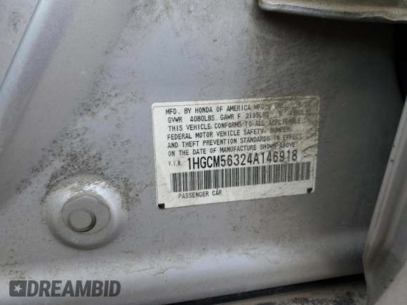 2004 Honda Accord LX with VIN 1HGCM56324A146918, listed as a Copart auction lot 49116525 with 258,259 mi miles and Clean title. Bid and sale history available at DreamBid. Image 14.