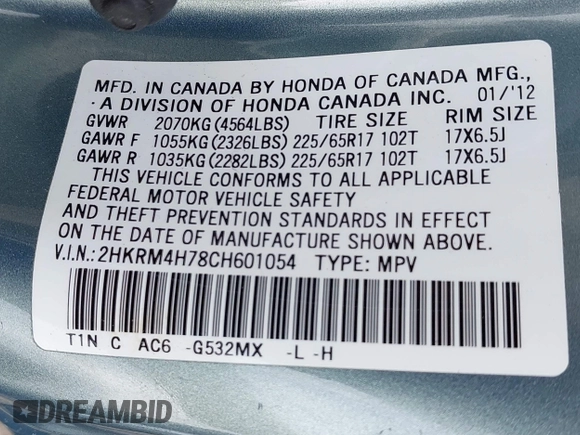 2012 Honda CR-V EX-L with VIN 2HKRM4H78CH601054, listed as a IAAI auction lot 42444157 with 113,491 mi miles and . Bid and sale history available at DreamBid. Image 9.