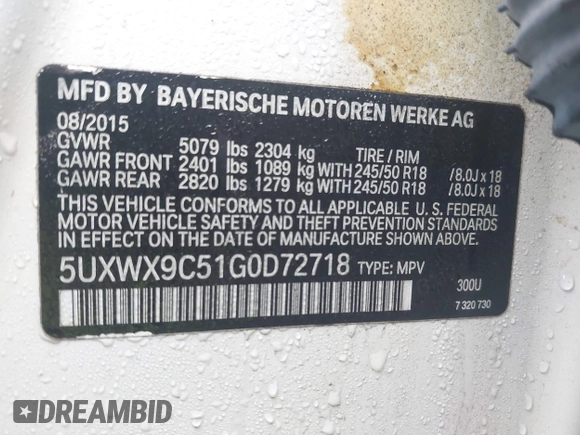 2016 BMW X3 xDrive28i with VIN 5UXWX9C51G0D72718, listed as a IAAI auction lot 41198262 with 117,841 mi miles and . Bid and sale history available at DreamBid. Image 9.