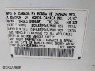 2007 Honda Ridgeline RT with VIN 2HJYK16267H543284, listed as a IAAI auction lot 41625102 with 223,826 mi miles. Bid and sale history available at carsss.com. Image 9.