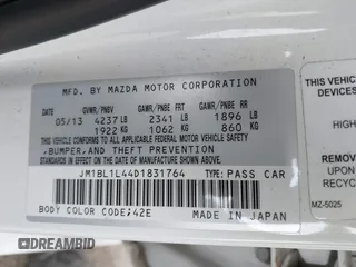 2013 Mazda 3 Mazdaspeed3 Touring with VIN JM1BL1L44D1831764, listed as a IAAI auction lot 41453705 with 109,506 mi miles and . Bid and sale history available at DreamBid. Image 9.