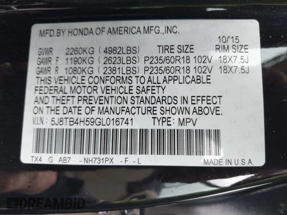 2016 Acura RDX Tech Pkg with VIN 5J8TB4H59GL016741, listed as a IAAI auction lot 41145005 with 68,646 mi miles. Bid and sale history available at carsss.com. Image 9.