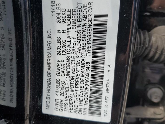 2019 Honda Accord Touring with VIN 1HGCV2F91KA003438, listed as a Copart auction lot 62588035 with 60,316 mi miles and Salvage title. Bid and sale history available at DreamBid. Image 12.