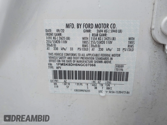 2022 Ford Explorer XLT with VIN 1FMSK8DH6NGC07066, listed as a IAAI auction lot 41856343 with 31,711 mi miles and . Bid and sale history available at DreamBid. Image 9.