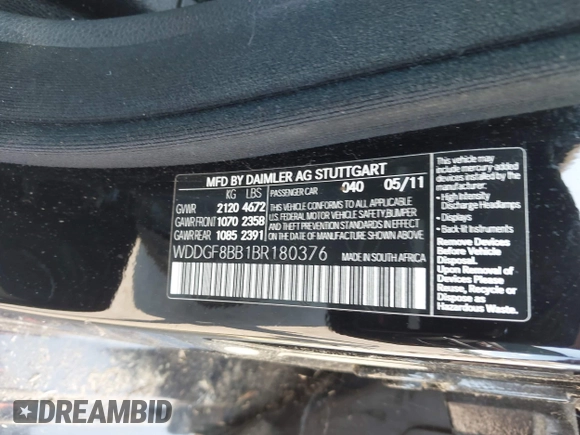 2011 Mercedes-Benz C 300 Sport with VIN WDDGF8BB1BR180376, listed as a IAAI auction lot 42669416 with Not provided miles and . Bid and sale history available at DreamBid. Image 9.