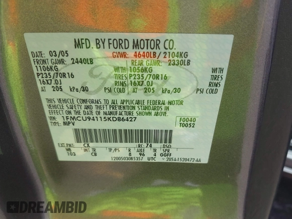 2005 Ford Escape Limited с VIN 1FMCU94115KD86427, выставлен на аукционе IAAI как лот 42322957 с пробегом 153 941 миль миль и . История ставок и продаж доступна на DreamBid. Изображение 9.