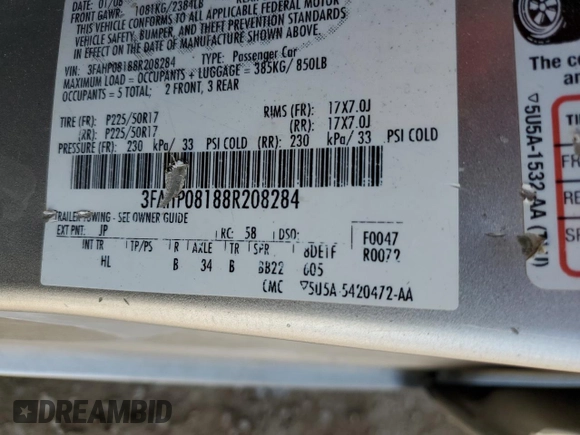 2008 Ford Fusion SEL with VIN 3FAHP08188R208284, listed as a Copart auction lot 44253015 with 121,010 mi miles and Salvage Title. Bid and sale history available at carsss.com. Image 12.