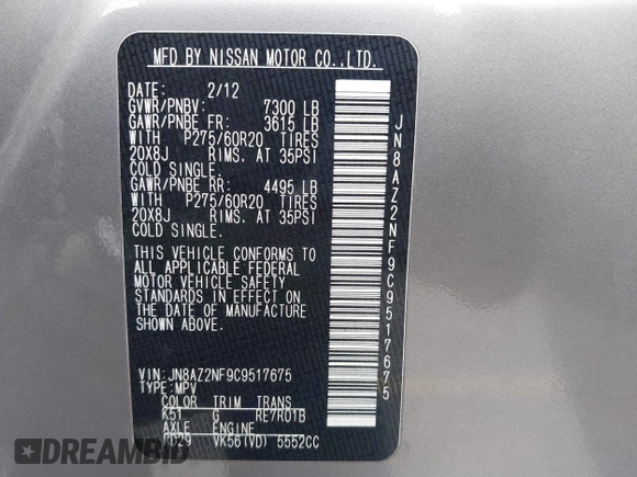 2012 Infiniti QX56 7-passenger z VIN JN8AZ2NF9C9517675, wystawiony jako IAAI lot #42138696 z przebiegiem 129 478 mil mil oraz . Historia ofert i sprzedaży dostępna na DreamBid. Obrazek 9.