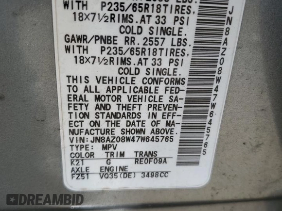 2007 Nissan Murano SL z VIN JN8AZ08W47W645765, wystawiony jako Copart lot #57351075 z przebiegiem 158 467 mil mil oraz Szkoda całkowita • Salvage title. Historia ofert i sprzedaży dostępna na DreamBid. Obrazek 13.